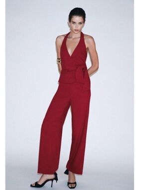 Zara Burgundy Halter Tie-Waist topWide-Leg pants set
